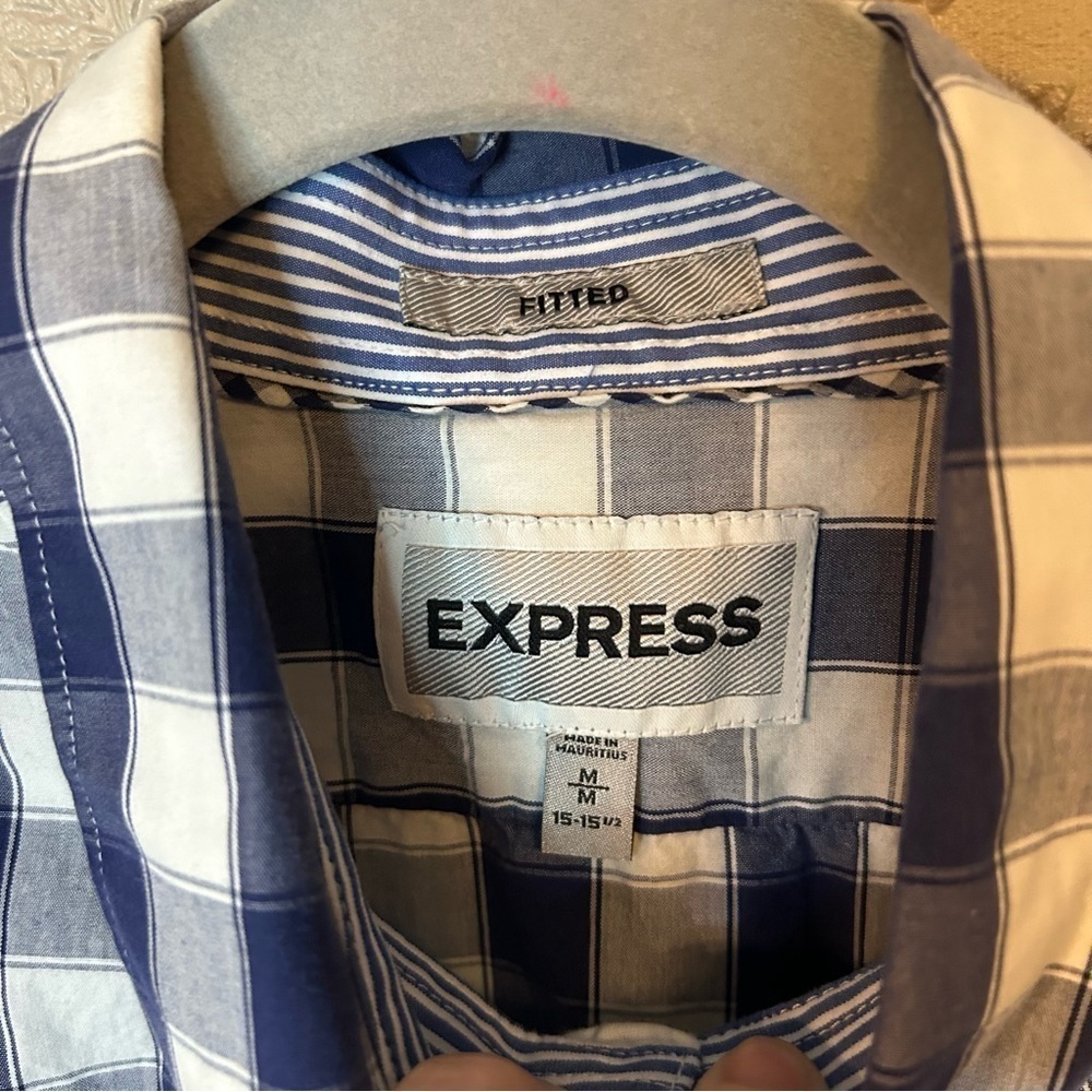 Express Fitted Button Down Shirt M Plaid Blue Whi… - image 4